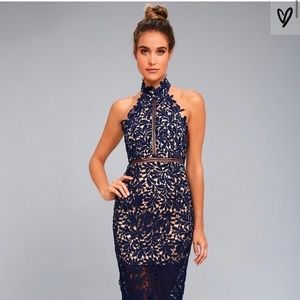 Lulus Divine Destiny Navy Blue Lace Midi Dress MED